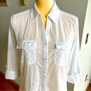 Croft & Barrow White Lace Eyelet Button Down Top Shirt